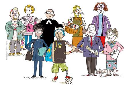 Gezeichnetes Gruppenbild mit vielen verschieden Kirchenältesten